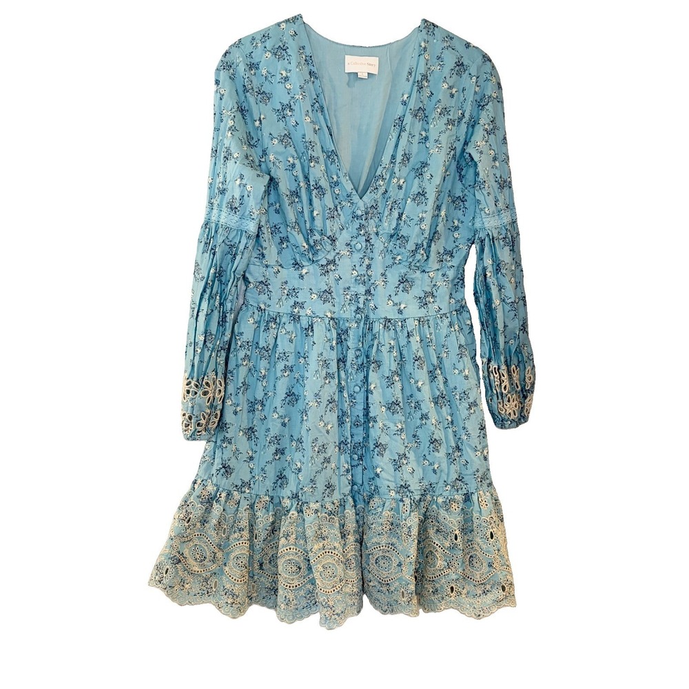 A COLLECTIVE STORY Boho Eyelet Smock Mini Dress Peasant Cottagecore Embroidered